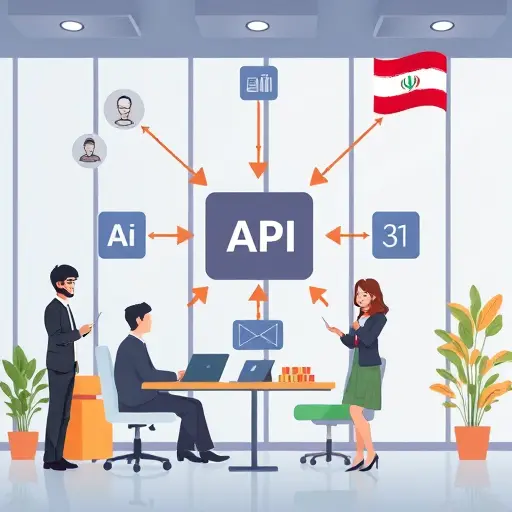 modern API architecture diagram illustration showing AI API integration in a software project, animated Iranian motifs, accent colors matching #94d3a2 and #171717, text-
