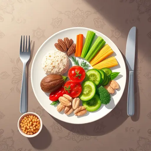 illustration of a healthy daily plate: proteins, whole grains, vegetables, nuts;