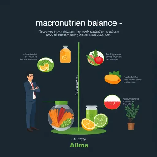 clean infographic-style illustration showing macronutrient balance (protein, carbs, fats) with AI elements, dark background, green accents, text-free, modern