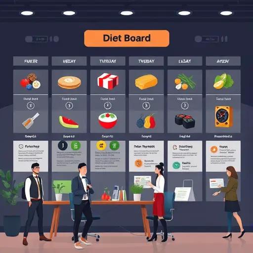 weekly AI diet board illustration with themed days (fiber, plant-based, carb-cycling, seafood, light day)