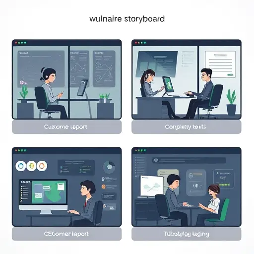 technology storyboard illustration showing four real-world scenarios (customer support, SEO content, tutoring, debugging), dark UI, green accent, minimalist icons, no text