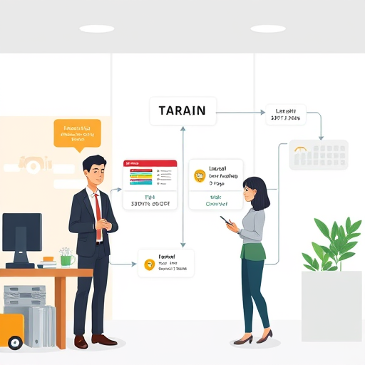 workflow diagram: client code in Python and Node.js sends requests to API endpoints, receives JSON responses, cartoon/animated tech illustration, no text