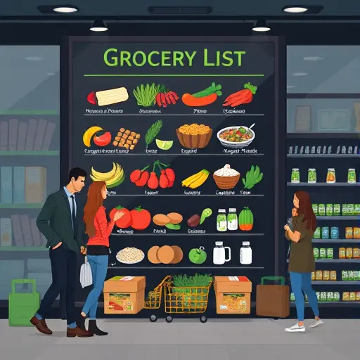 cartoon-style grocery list with healthy food icons (grains, legumes, vegetables), dark-