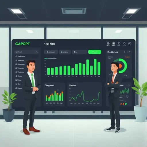 modern illustration of an Iranian AI platform dashboard (GapGPT style), dark theme, green accent, cartoon interface with meal plan generator, text-free