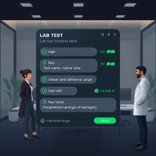 clean animated illustration of an AI chat interface showing structured prompt fields for lab test interpretation (age, sex, test name, value, unit, reference range)