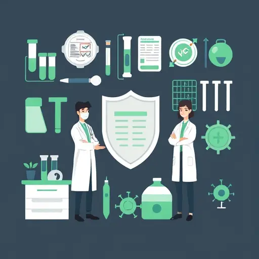 flat illustration of medical lab icons (test tubes, dropper, checklist, shield for privacy) arranged as a neat toolkit, dark theme with green accents, minimal, text-free