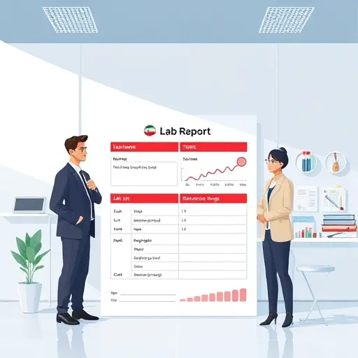 flat-lay illustration of a structured lab report template, fields for test name, value, unit, reference range, clean minimal design, no text