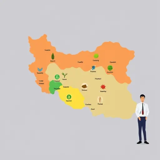 stylized map of Iran with climate zones color-