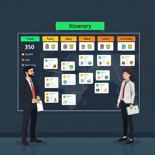 illustrated travel itinerary board: day-by-day schedule cards, map route line, hotel and activity icons;; text-free