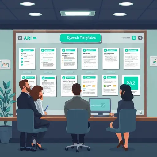 cartoon illustration of speech templates pinned on a smart AI board, icons for AIDA, PAS, story-data-insight-#94d3a2