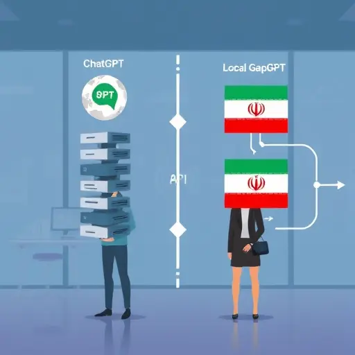 comparison infographic, two API stacks: global ChatGPT with VPN symbol and local GapGPT with Iranian flag, network arrows, clean minimalist tech style, no text