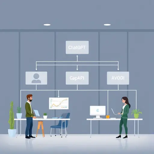 modern API architecture diagram illustration, showing request and response flow between user application, ChatGPT API, and GapGPT API, clean geometric lines, bright accent green, text-free