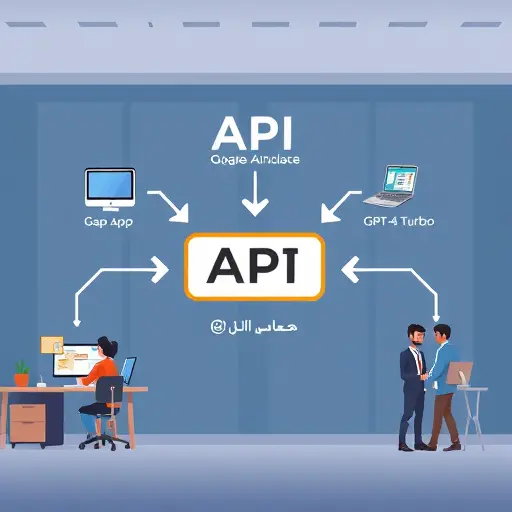 API integration flowchart, animated arrows from web/mobile app to GPT-4
