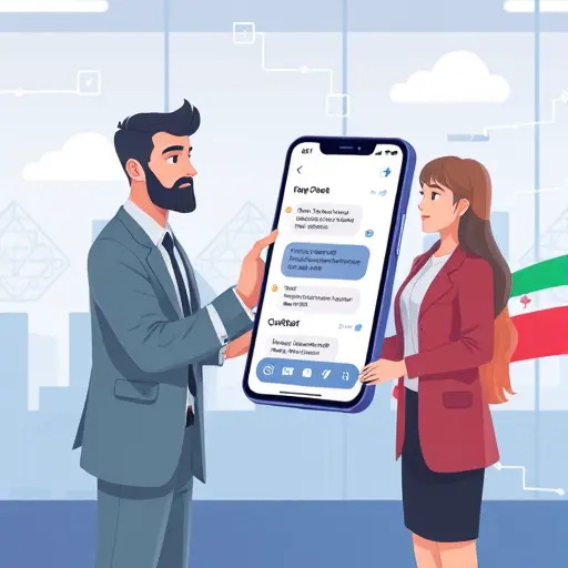 animated technical scene, a chatbot interface on a smartphone communicating through GapGPT API gateway, cloud lines, Iranian patterns in background, no text