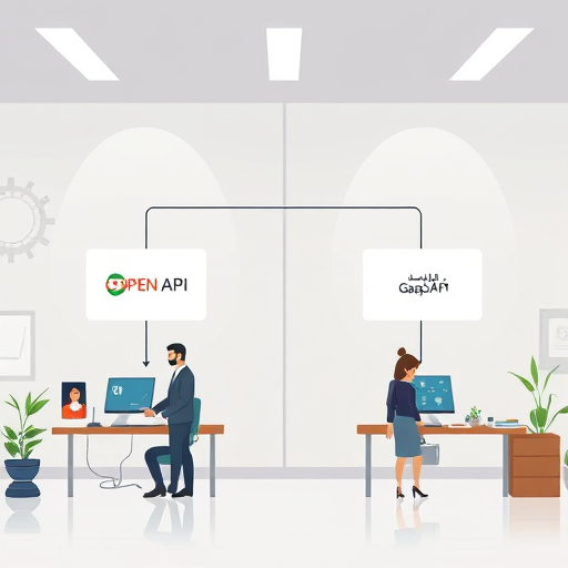 modern API architecture diagram illustration, showing two paths: one with a VPN/proxy to OpenAI API, and one direct to GapGPT API (Persian color palette, text-free, cartoon animation)