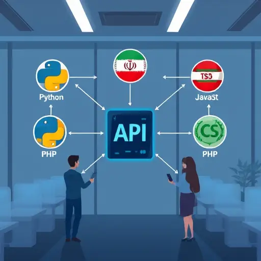 abstract representation of multi-language API integration, geometric icons of code in Python, JavaScript, Java, PHP, and C#