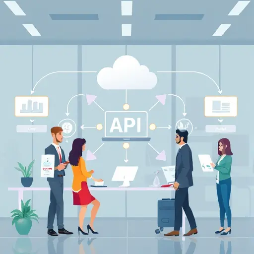 modern API architecture diagram illustration, animated data flow from web/