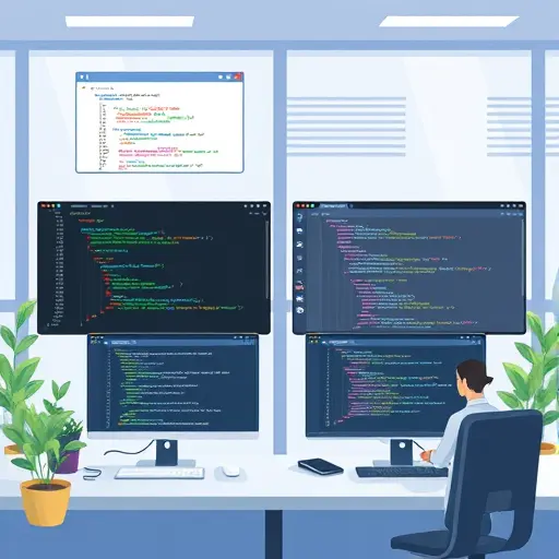 .js code, displaying JSON objects and AI responses, all in cartoon/illustration style, tech colors, text-free