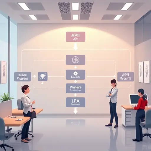 modern API architecture diagram illustration, animated data flow visualization, showing request, authentication, and response flow, text-