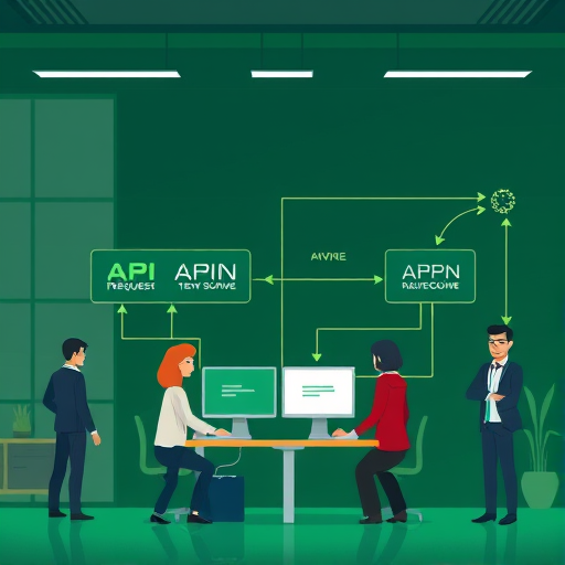 animated API request/response flow diagram, showing client/