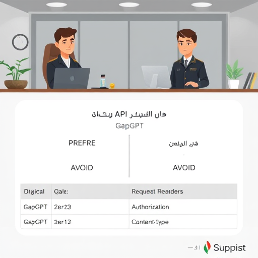 animated comparison chart showing GapGPT API endpoint vs. foreign API endpoints, table with request headers (Authorization, Content-Type)