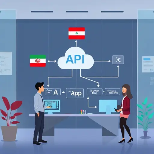 modern API architecture diagram illustration, animated data flow visualization showing request from a user's app to an AI model endpoint like GPT-4