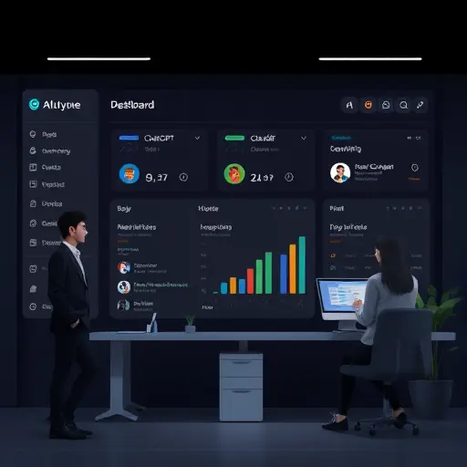 dark UI illustration of an AI writing dashboard with model switcher icons (ChatGPT, Claude, Gemini)