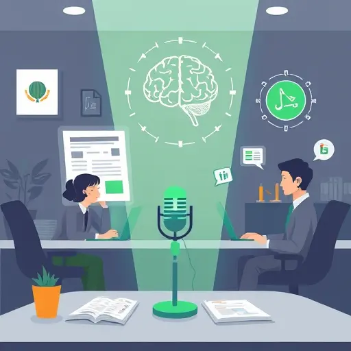 podcast scripting with AI assistant, animated illustration in a dark theme (#171717), green accent (#94d3a2)