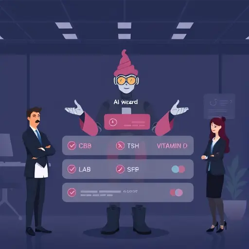 clean AI wizard illustration guiding a user through lab input steps (CBC, TSH, Vitamin D)