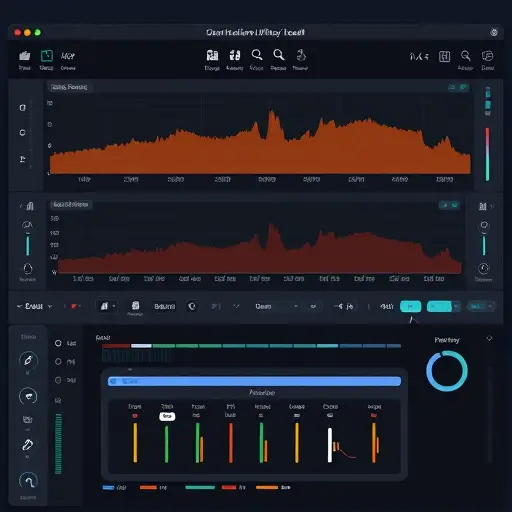 clean dark UI illustration of an audio editor: spectral denoise panel, high-pass filter curve at 100Hz, notch at 50Hz, de-esser band at 6