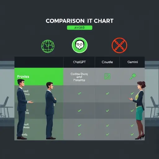 comparison chart illustration of AI models (ChatGPT, Claude, Gemini) as abstract icons, pros and cons visualized, dark theme, green accent, text-free