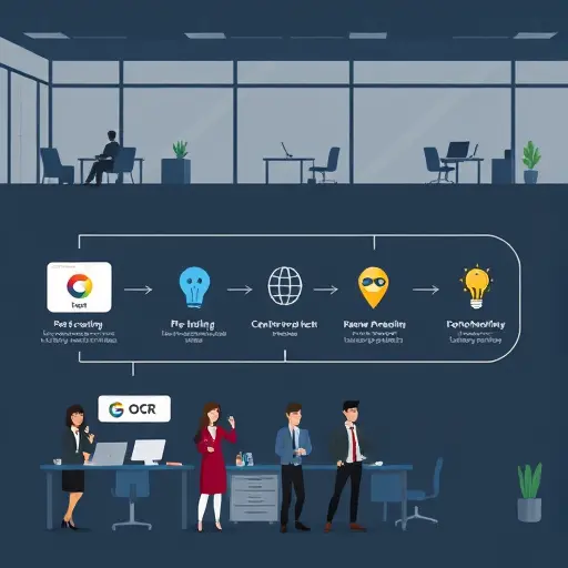 animated workflow diagram showing step-by-step OCR pipeline: preprocessing, recognition, review/