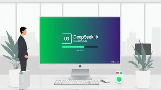 illustration showing Windows desktop with DeepSeek installation progress bar, AI icons and GapGPT logo, green and gray tones, clean UI, no text