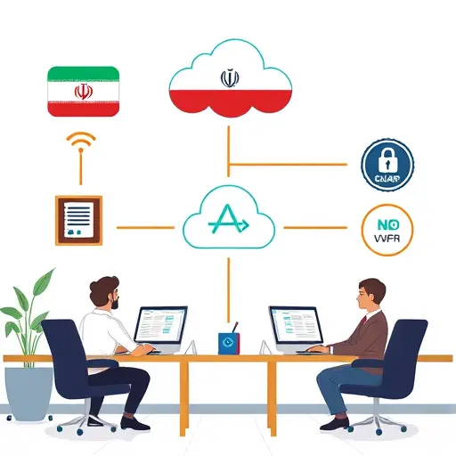 cartoon tech diagram, secure data routing from an Iranian backend to GapGPT API cloud, encrypted channel with lock icons,
