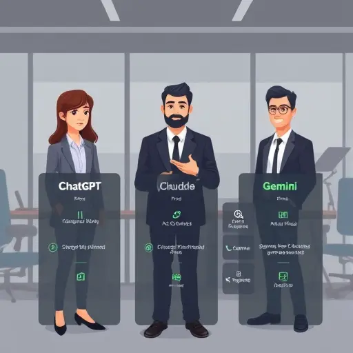 comparison chart illustration of ChatGPT, Claude, Gemini icons with planning features, dark UI, green highlights, minimal, text-free