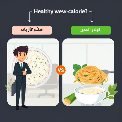 cartoon style illustration of healthy low-calorie swaps: cauliflower rice vs white rice, zucchini noodles vs pasta, Greek yogurt sauce vs mayonnaise;