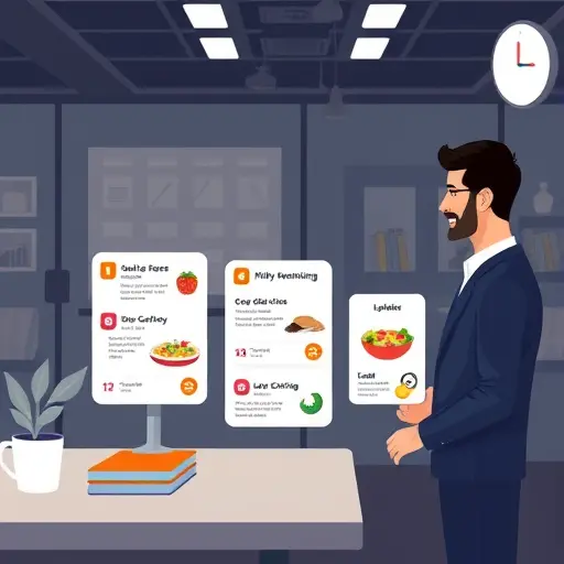 modern AI diet assistant illustration recommending healthy substitutes, animated UI cards showing low-