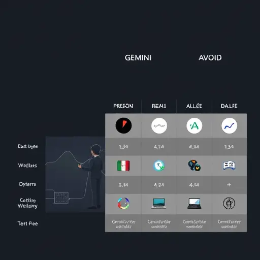 comparison chart illustration of Gemini vs Midjourney vs DALL·E: icons, feature rows like style reference, seed control, artistic variety; minimalist dark UI; text-free; professional