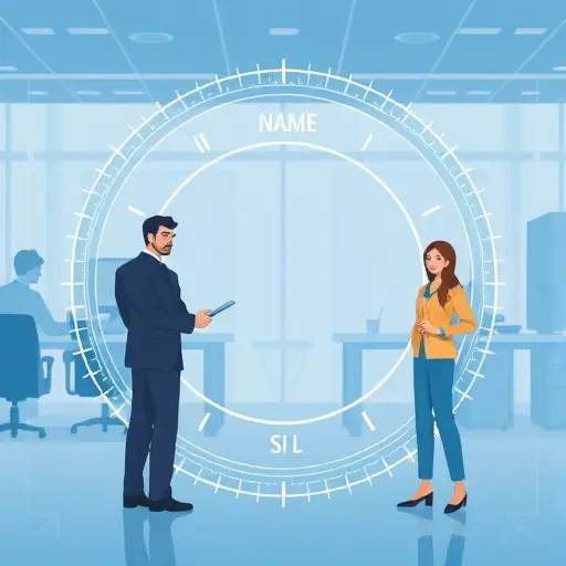 technical blueprint style illustration of a circular company stamp layout with placeholders for name, ID, date, serial, vector-