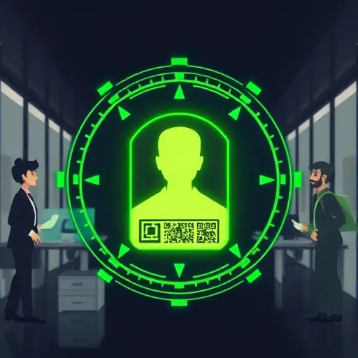abstract animated illustration of a personal stamp with hidden identifier and QR verification, layered vector shapes, green accent on dark background, cybersecurity vibe, text-free