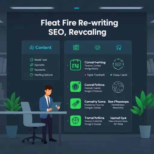 animated illustration of SEO content rewriting checklist with AI icons, semantic keywords, headings structure (H1/H2)
