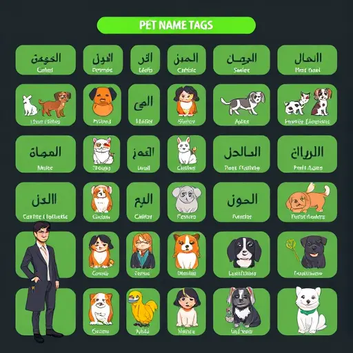 illustrated grid of pet name tags organized by categories ()