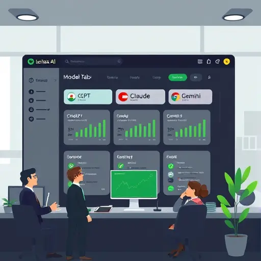 modern illustration of an Iranian AI platform dashboard showing multiple model tabs (ChatGPT, Claude, Gemini)