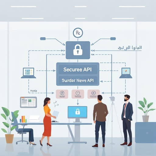 modern illustration of a secure AI API architecture, showing encrypted data flow, authentication layers, locked endpoints, and Iranian-inspired design accents, text-free