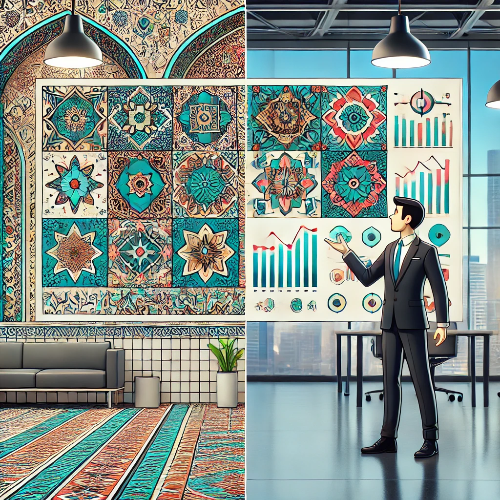 side-by-side comparison of two anime-style photo outputs, one labeled as Iranian AI (), one as foreign tool, various anime styles, high detail, cartoon illustration, tech background, text-free