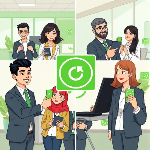 collage illustration showing happy Iranian users sharing their AI-made logos on social networks and business cards, cartoon style, green accent theme, no text