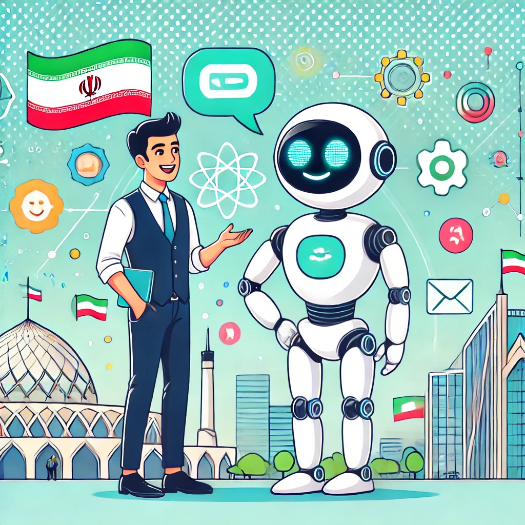 cartoon-style illustration of an AI chatbot and a user discussing in English, digital speech bubbles, technology icons, cheerful animated atmosphere, clean UI design, no text