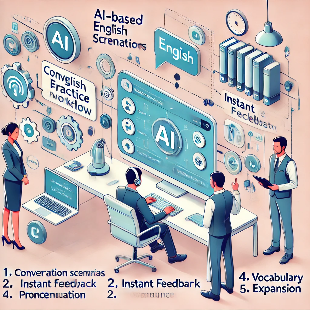 animated workflow chart showing steps of AI-based English practice: conversation scenarios, instant feedback, pronunciation, vocabulary expansion -