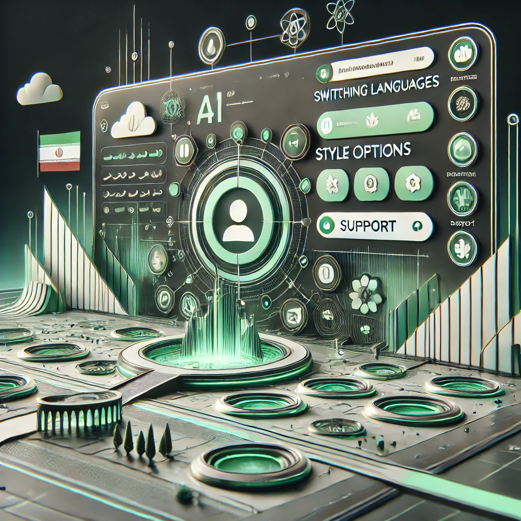 abstract futuristic dashboard for AI image platform, switching languages, style options, support chat bubble, technology icons, green accents, no text
