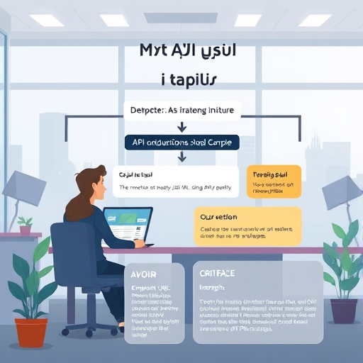modern tech infographic, cartoon illustration showing API documentation structure: endpoint URL, parameters, method, code sample, error section;